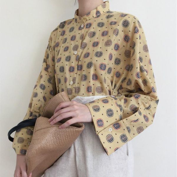 women's blouses & shirts vintage print blouse stand collar single-breated lady shirt spring summer casual loose female and top, White
women's blouses & shirts vintage print blouse stand collar single-breated lady shirt spring summer casual loose female and top, White