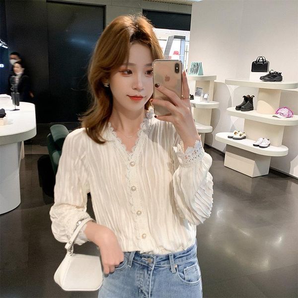 women's blouses & shirts xiaoguli long sleeve lace shirt solid color female v-neck pearl button bottom 2021 spring, White
women's blouses & shirts xiaoguli long sleeve lace shirt solid color female v-neck pearl button bottom 2021 spring, White