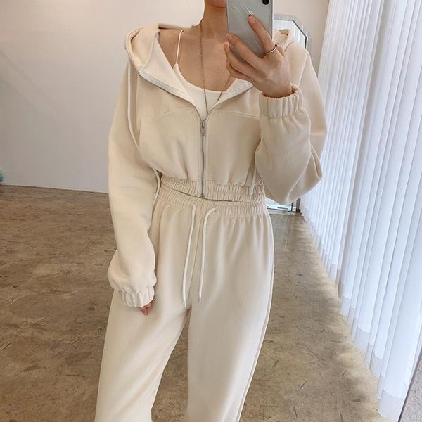 women's two piece pants korean chic autumn loose zipper hoodie women long sleeve + high waisted casual sports fashion soft set, White
women's two piece pants korean chic autumn loose zipper hoodie women long sleeve + high waisted casual sports fashion soft set, White