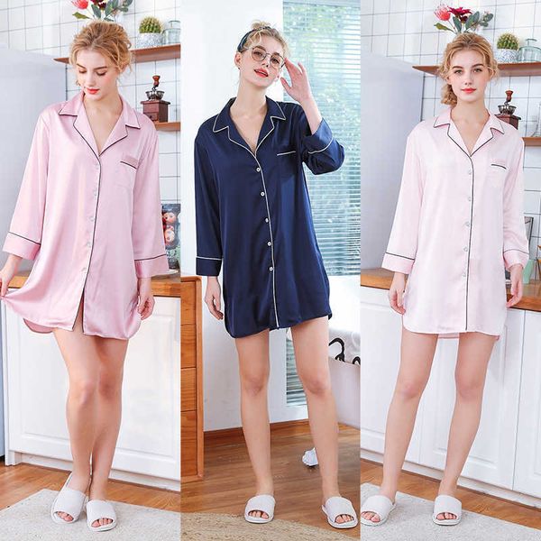satin pajamas nightdress women's summer silk ice silk long sleeve shirt collar fashion loose thin summer skirt 19142, White
satin pajamas nightdress women's summer silk ice silk long sleeve shirt collar fashion loose thin summer skirt 19142, White