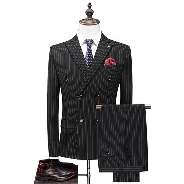 double breasted suit men 3pieces jacket+pant+vest grey black slim fit striped office business wedding for men's suits & blazers, White;black
double breasted suit men 3pieces jacket+pant+vest grey black slim fit striped office business wedding for men's suits & blazers, White;black