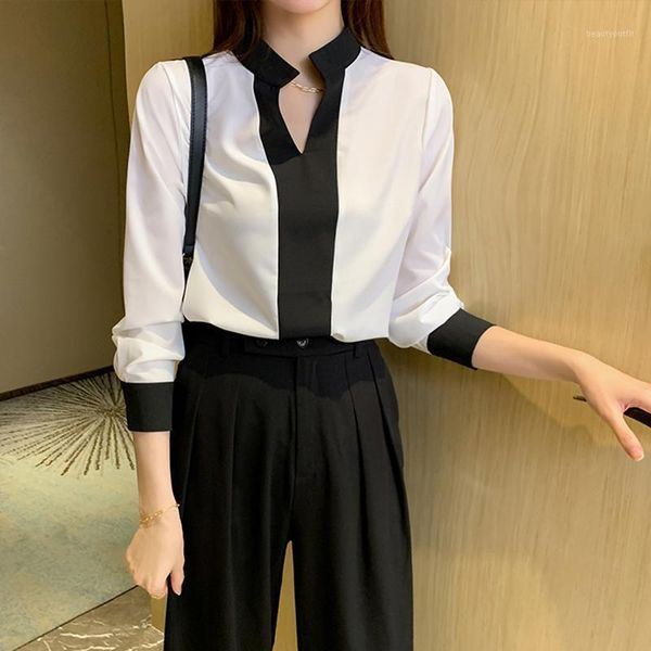 women's blouses & shirts shirt women contrast color v neck camisas de mujer slim chiffon blouse spring autumn clothes long sleeve blusa, White
women's blouses & shirts shirt women contrast color v neck camisas de mujer slim chiffon blouse spring autumn clothes long sleeve blusa, White