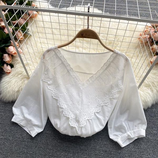 women's blouses & shirts summer style blouse temperament v-neck hollow blusa wave edge age reduction bubble sleeve loose wild shirt dk8, White
women's blouses & shirts summer style blouse temperament v-neck hollow blusa wave edge age reduction bubble sleeve loose wild shirt dk8, White