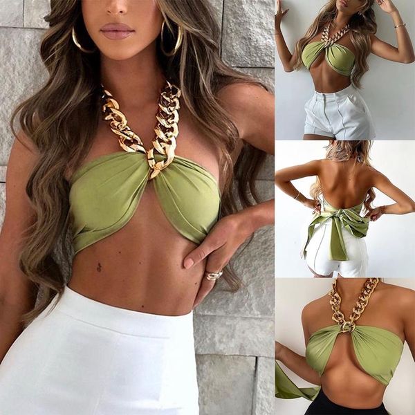 women's t-shirt chic fashion metal chain halter crop for women sleeveless backless wrap chest cropped basic summer, White
women's t-shirt chic fashion metal chain halter crop for women sleeveless backless wrap chest cropped basic summer, White