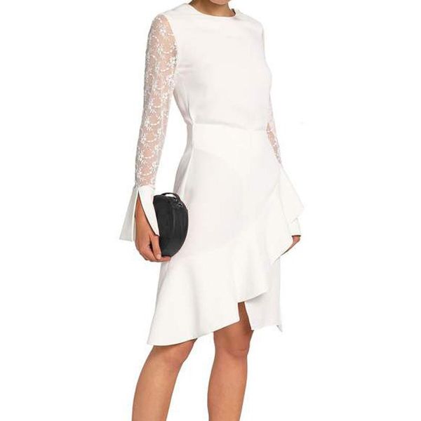 est high 2021 runway dress women's elegant long flare sleeve lace patchwork ruffle white split casual dresses, Black;gray
est high 2021 runway dress women's elegant long flare sleeve lace patchwork ruffle white split casual dresses, Black;gray