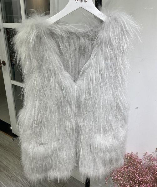 women's fur & faux double-side braided 100% real raccoon vest genuine waistcoat gilet, Black