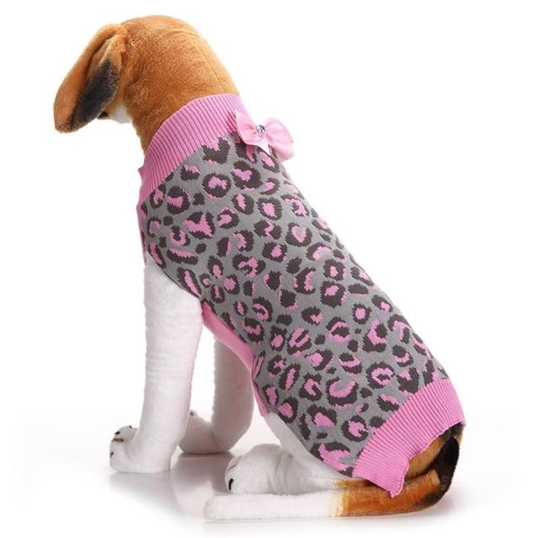 autumn/winter wool pet dog sweaters pink leopard print bows knitting clothes for small and medium apparel
