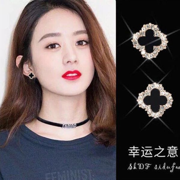 925 silver clover women's earrings 2020 new fashion earrings inlaid with diamond simple net red temperament anti allergy, Black
925 silver clover women's earrings 2020 new fashion earrings inlaid with diamond simple net red temperament anti allergy, Black