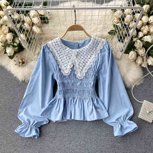 design hollow out peter pan collar color contrast patchwork elastic slim ruffle short blouse women 210615, White
design hollow out peter pan collar color contrast patchwork elastic slim ruffle short blouse women 210615, White