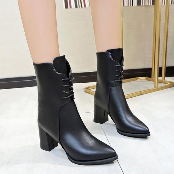 boots booties women's block high heels 2021 autumn winter lace up feminine pointed toe leather ladies, Black
boots booties women's block high heels 2021 autumn winter lace up feminine pointed toe leather ladies, Black