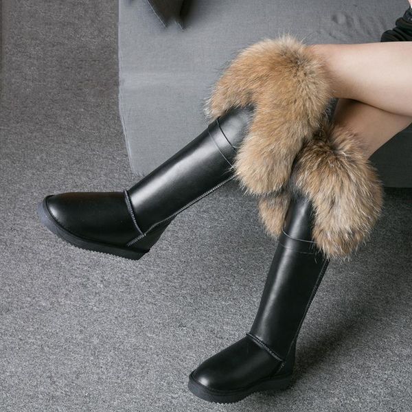 boots ruiyee winter ladies fur knee women's leather snow high 2021, Black