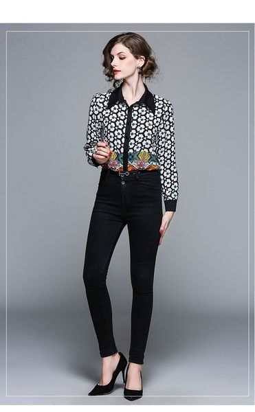 women's blouses & shirts women long sleeve black office vintage camisas feminina geometric floral prints patches casual ladies top, White
women's blouses & shirts women long sleeve black office vintage camisas feminina geometric floral prints patches casual ladies top, White