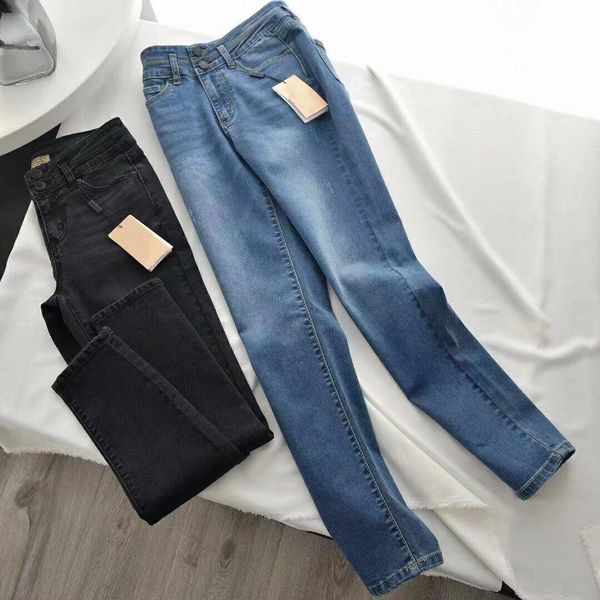 high version 21 spring thin waist two button washed women's jeans, White;black