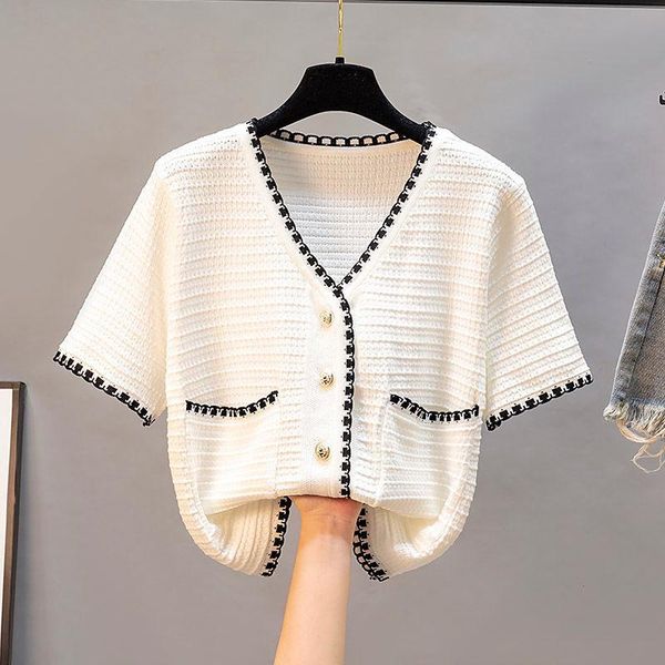 women's t-shirt 2021 summer korean loose cardigan single-breasted v neck short sleeve white ice silk knitted femme y305
women's t-shirt 2021 summer korean loose cardigan single-breasted v neck short sleeve white ice silk knitted femme y305