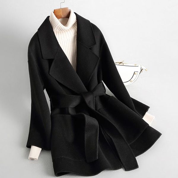 women's wool & blends autumn winter women elegant mid-length coat with belt solid color long sleeve chic outerwear ladies loose overcoa, Black
women's wool & blends autumn winter women elegant mid-length coat with belt solid color long sleeve chic outerwear ladies loose overcoa, Black