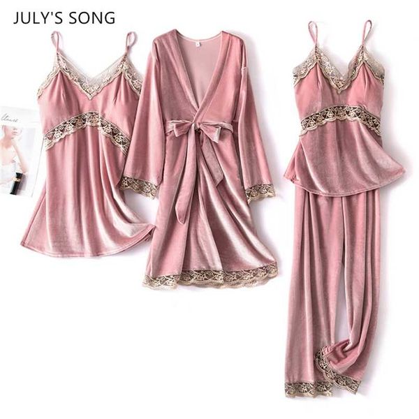 july's song women velvet 4 pieces pajamas sets sling lace sleepwear winter autumn pyjama with chest pad wine red robe 211112, Black;red
july's song women velvet 4 pieces pajamas sets sling lace sleepwear winter autumn pyjama with chest pad wine red robe 211112, Black;red