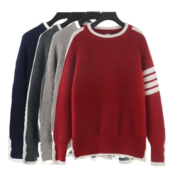 autumn winter new tb four bar white edge thick needle round neck warm wool sweater for men and women, White;black
autumn winter new tb four bar white edge thick needle round neck warm wool sweater for men and women, White;black