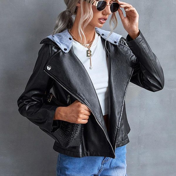 women's leather & faux 2021 autumn long sleeve turn-down collar zipper jacket for women arrivals solid color all-match fashion hooded c, Black
women's leather & faux 2021 autumn long sleeve turn-down collar zipper jacket for women arrivals solid color all-match fashion hooded c, Black