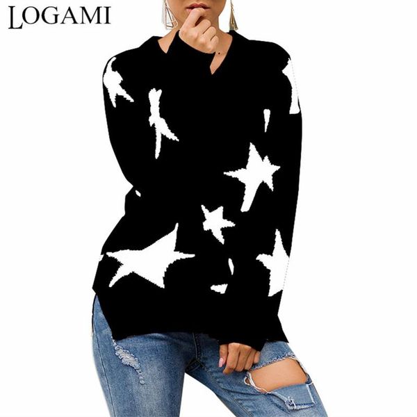 women's sweaters logami star kintting sweater women v neck long sleeve casual pullover and ladies autumn winter, White;black
women's sweaters logami star kintting sweater women v neck long sleeve casual pullover and ladies autumn winter, White;black