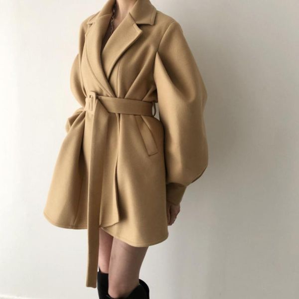women's wool & blends korean french autumn and winter clothing temperament large lapel bubble sleeve loose belt imitation tweed cotton, Black
women's wool & blends korean french autumn and winter clothing temperament large lapel bubble sleeve loose belt imitation tweed cotton, Black