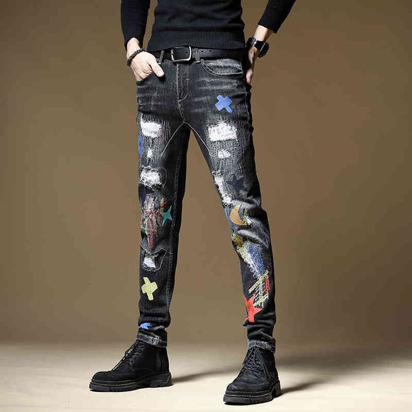 men's jeans fashion male american black embroidery personality hole patch elastic spring autumn denim pants u544, Blue
men's jeans fashion male american black embroidery personality hole patch elastic spring autumn denim pants u544, Blue