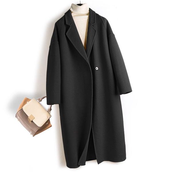 women's overcoat pure color woolen coat hand sewn high-end loose double-sided cashmere medium long wool & blends, Black
women's overcoat pure color woolen coat hand sewn high-end loose double-sided cashmere medium long wool & blends, Black
