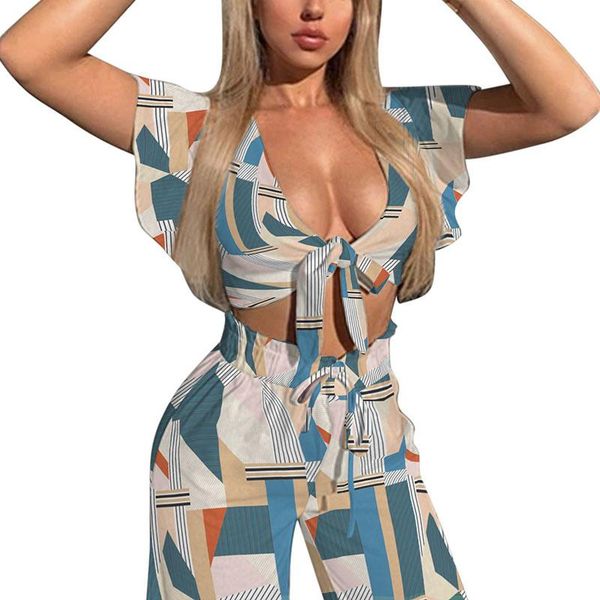women's two piece pants women summer elastic waist suit v neck lacing up patchwork and set female outdoor casual loose matching, White
women's two piece pants women summer elastic waist suit v neck lacing up patchwork and set female outdoor casual loose matching, White