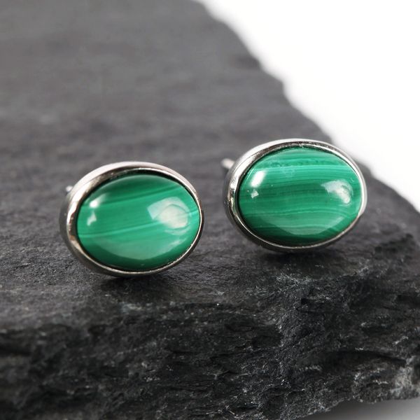 spring huanxin 925 silver inlaid stud malachite gem earrings, Golden;silver
