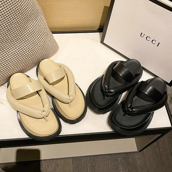 early spring sponge cake cowhide leather flip flops thick bottom foot bread slippers wild sandals women, Black
early spring sponge cake cowhide leather flip flops thick bottom foot bread slippers wild sandals women, Black