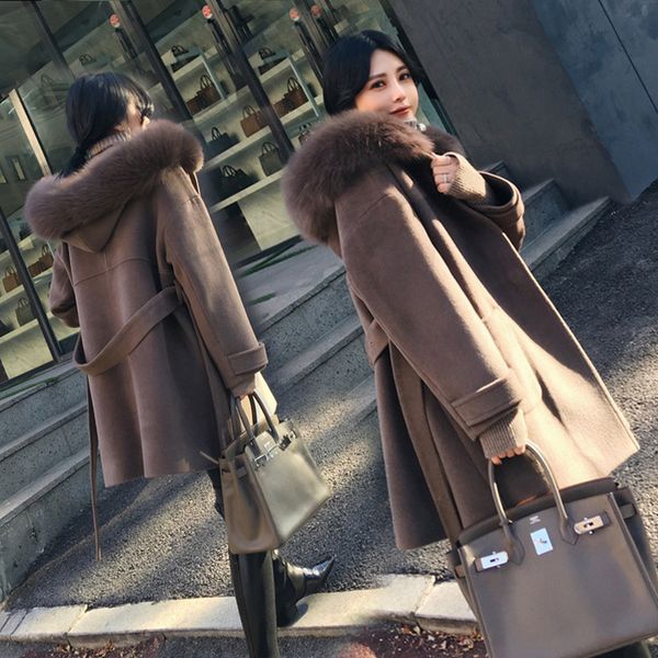 autumn and winter south korean wool coat with belt big fur collar hooded female woolen out wear jackets open stitch, Black
autumn and winter south korean wool coat with belt big fur collar hooded female woolen out wear jackets open stitch, Black