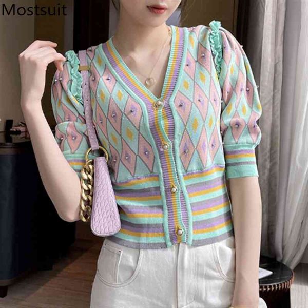 beading plaid knitted cardigan women summer short sleeve v-neck single breasted ruffles sweater korean elegant jumpers 210514, White
beading plaid knitted cardigan women summer short sleeve v-neck single breasted ruffles sweater korean elegant jumpers 210514, White