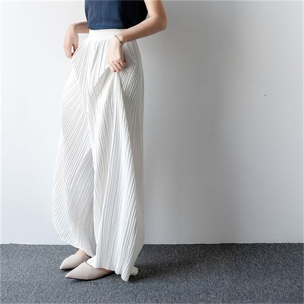dresses miyake fashion fold soild split-fork high waist wide leg pants, White 
dresses miyake fashion fold soild split-fork high waist wide leg pants, White
