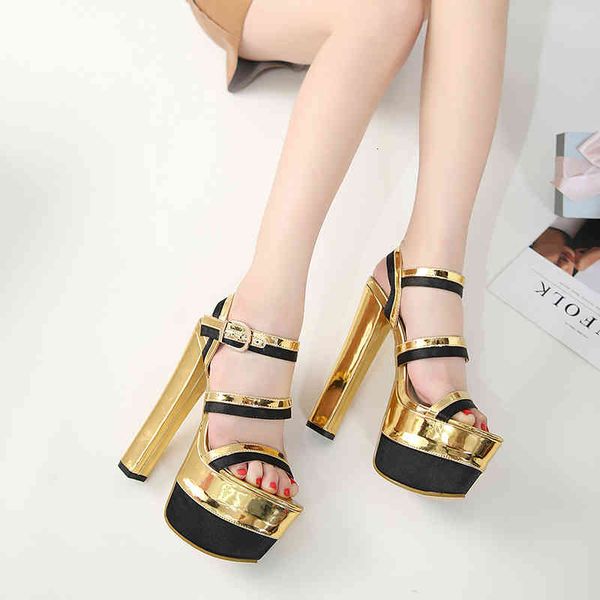 dress shoes new pumps golden stage show women's sandals open toe 16cm high heels belt buckle color matching thick bottom women 5gr, Black 
dress shoes new pumps golden stage show women's sandals open toe 16cm high heels belt buckle color matching thick bottom women 5gr, Black