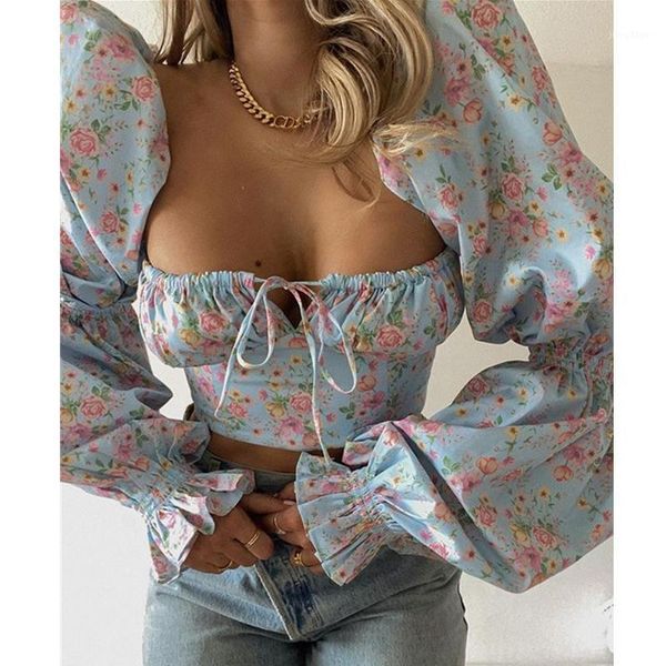 women's blouses & shirts french vintage puff sleeve long sleevefloral blouse women tie-up square collar wrap crop fashion chic backles, White 
women's blouses & shirts french vintage puff sleeve long sleevefloral blouse women tie-up square collar wrap crop fashion chic backles, White