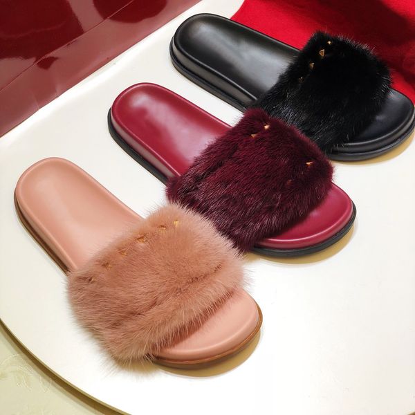 2021 women rivet slippers genuine leather mink fur flat bottom slipper sandals fashion woman solid color casual flats slides, Black
2021 women rivet slippers genuine leather mink fur flat bottom slipper sandals fashion woman solid color casual flats slides, Black