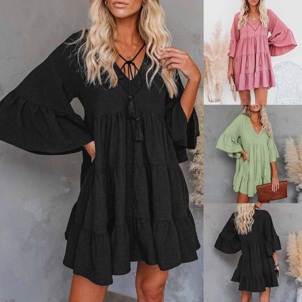 women's fashion style solid color flare sleeve summer dresses ruffles hem lacing formal women elegant knee-length dress casual, Black;gray
women's fashion style solid color flare sleeve summer dresses ruffles hem lacing formal women elegant knee-length dress casual, Black;gray