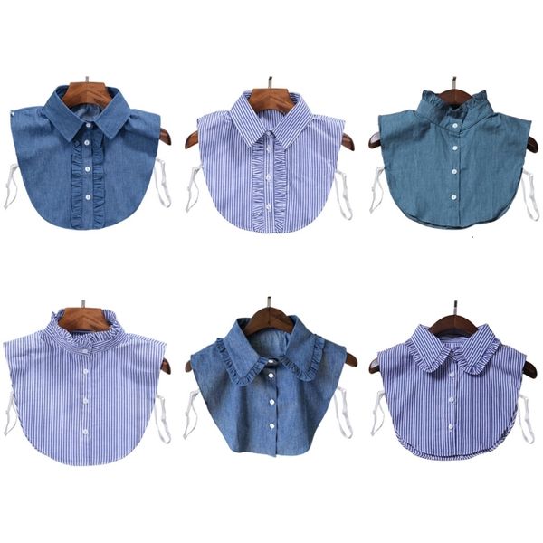 

minimalist stripes denim women detachable lapel fake collar cute ruffles lace splicing button down false half shirt blouse, Blue;purple