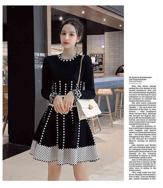 2021 a line black new fashion autumn women elegant vintage striped pattern dresses ladies runway jacquard knitting dress, Black;gray
2021 a line black new fashion autumn women elegant vintage striped pattern dresses ladies runway jacquard knitting dress, Black;gray