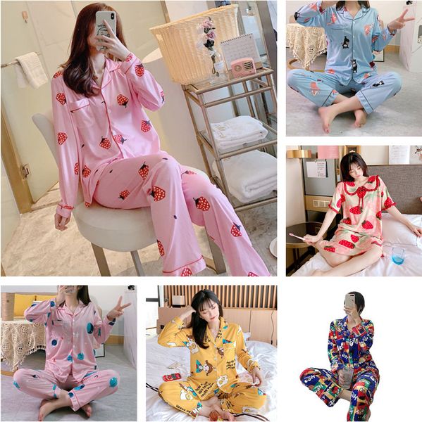 women's sleepwear 40 colors 2021 spring and autumn pajamas long cardigan lapel cartoon housewear two-piece sets fashion sleeve suit, Black;red 
women's sleepwear 40 colors 2021 spring and autumn pajamas long cardigan lapel cartoon housewear two-piece sets fashion sleeve suit, Black;red