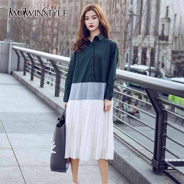 casual patchwork dress female lapel collar long sleeve high waist midi pleated dresses women fashion clothing 210520, Black;gray