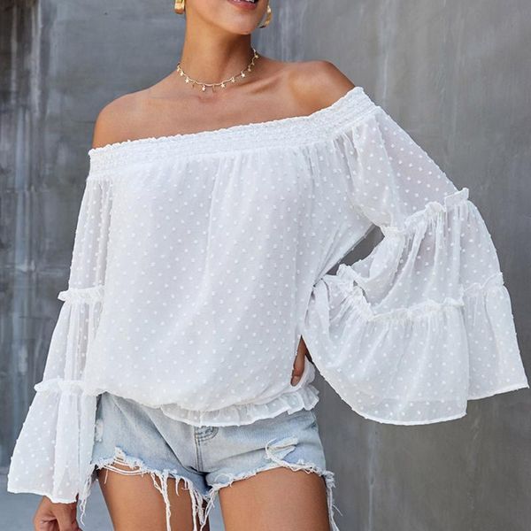 women's blouses & shirts 2021 women solid color flared long-sleeved chiffon shirt pullover off-the-shoulder slash neck hollow loose top, White
women's blouses & shirts 2021 women solid color flared long-sleeved chiffon shirt pullover off-the-shoulder slash neck hollow loose top, White
