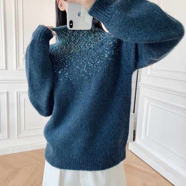 sweaters jacquard turtleneck sweater women long sleeve wool blend loose casual pullover, White;black
sweaters jacquard turtleneck sweater women long sleeve wool blend loose casual pullover, White;black