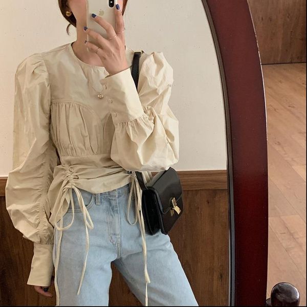 women shirts drawstring waist stitching fake two piece shirt loose autumn korean puff sleeve blouse, White
women shirts drawstring waist stitching fake two piece shirt loose autumn korean puff sleeve blouse, White