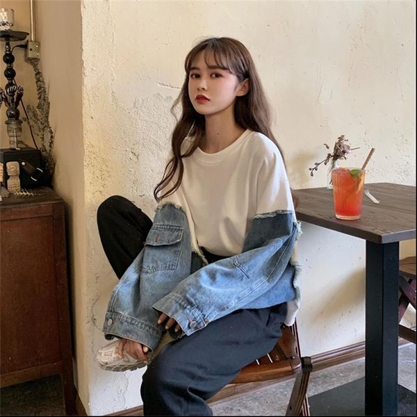 korean chic ulzzang denim women sweatshirts stitching round neck vintage kawaii cute svitsfor, Black
korean chic ulzzang denim women sweatshirts stitching round neck vintage kawaii cute svitsfor, Black