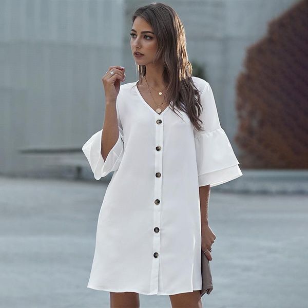 women v-neck dresses plus size spring/summer solid color loose single-breasted half double ruffle sleeve skirt above knee casual, Black;gray 
women v-neck dresses plus size spring/summer solid color loose single-breasted half double ruffle sleeve skirt above knee casual, Black;gray