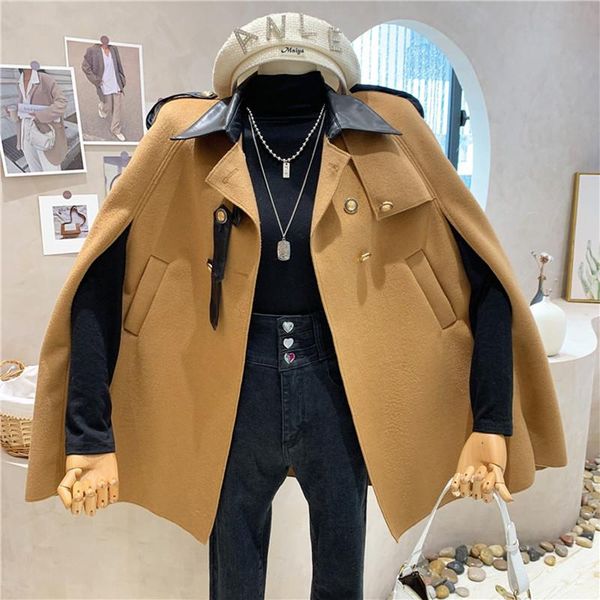 women's wool & blends niche design clothing 2021 autumn winter medium length cloak type pu leather stitched lapel woolen coat, Black
women's wool & blends niche design clothing 2021 autumn winter medium length cloak type pu leather stitched lapel woolen coat, Black