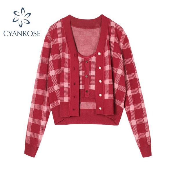 women's knits & tees korean sweet women sweater suits vintage knitted cardigan vest red plaid short female 2021 autumn casual clot, White
women's knits & tees korean sweet women sweater suits vintage knitted cardigan vest red plaid short female 2021 autumn casual clot, White