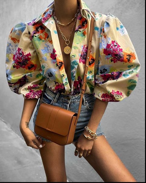 elegant print puffed sleeve womens blouses autumn turn down collars half tie dye outwears, White
elegant print puffed sleeve womens blouses autumn turn down collars half tie dye outwears, White