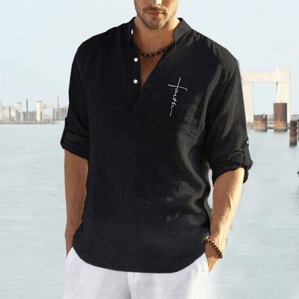 men's casual shirts 2021 men cotton-linen long-sleeved shirt loose collar man letter print pullover blouse -40, White;black
men's casual shirts 2021 men cotton-linen long-sleeved shirt loose collar man letter print pullover blouse -40, White;black