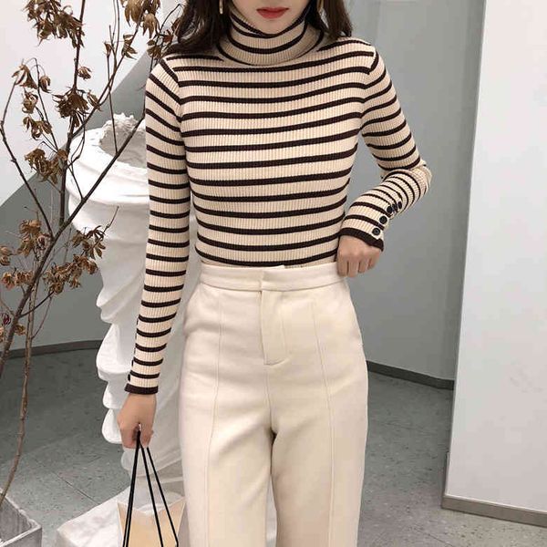 women's striped turtleneck sweater, tight long coat, autumn and winter, 2020, White;black
women's striped turtleneck sweater, tight long coat, autumn and winter, 2020, White;black